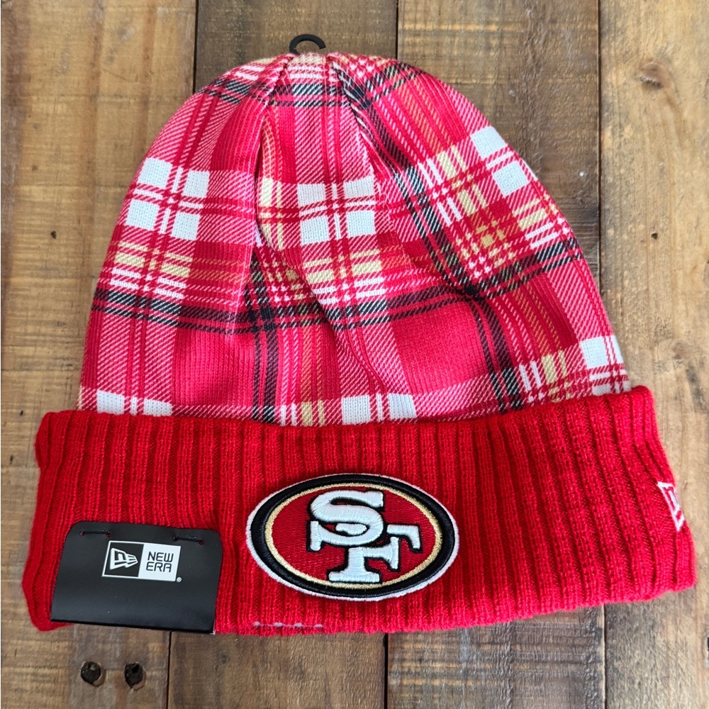 NWT San Francisco 49ers New Era Plaid Scarlet Sideline Statement Cuffed Knit Hat